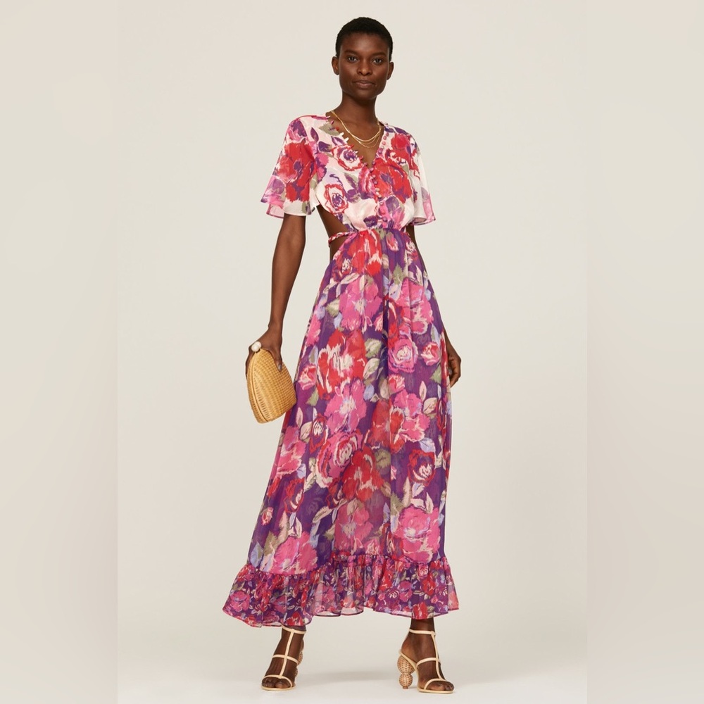 MISA Los Angeles Floral Chiffon‎ Midi Dress Boho Pink Purple Button Front L